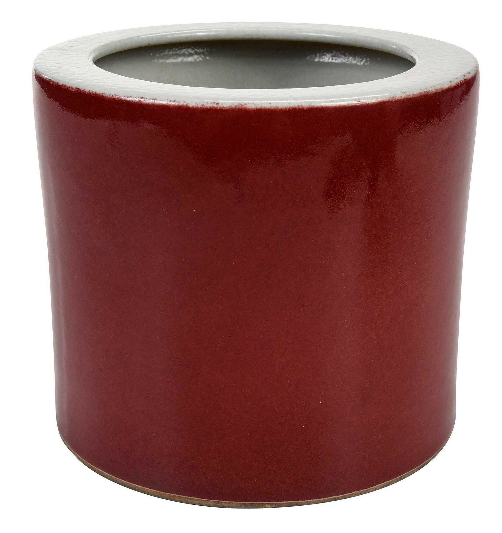 Chinese Oxblood Brush Pot: possibly Qing dynasty, light gray interior glaze, 6-1/2 x 7-3/8 in. Provenance: Leland Little Auctions, Hillsborough, North Carolina, December 5, 2009 lot 55 (sticker on base); Private Collection, Ral