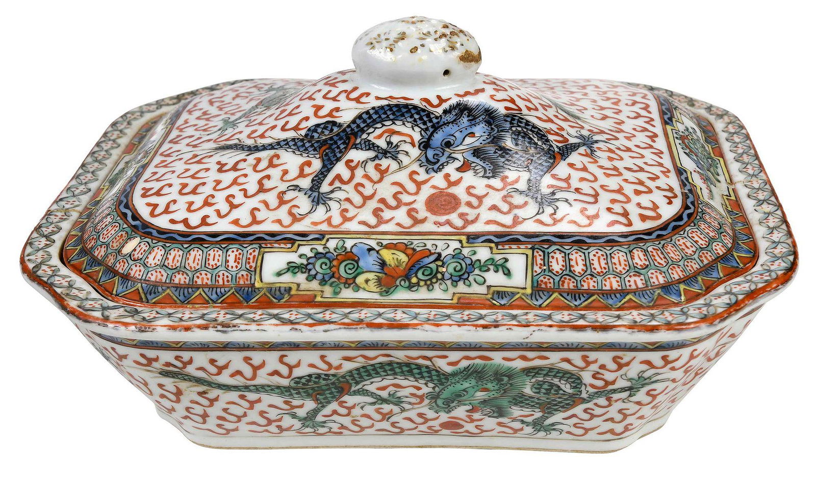 Chinese Famille Rose Lidded Porcelain Tureen: Qing dynasty, intricately decorated throughout, enamel floral decoration on the interior, sides with design of green and blue dragons chasing the pearl, lid in matching design with egg shaped finial,
