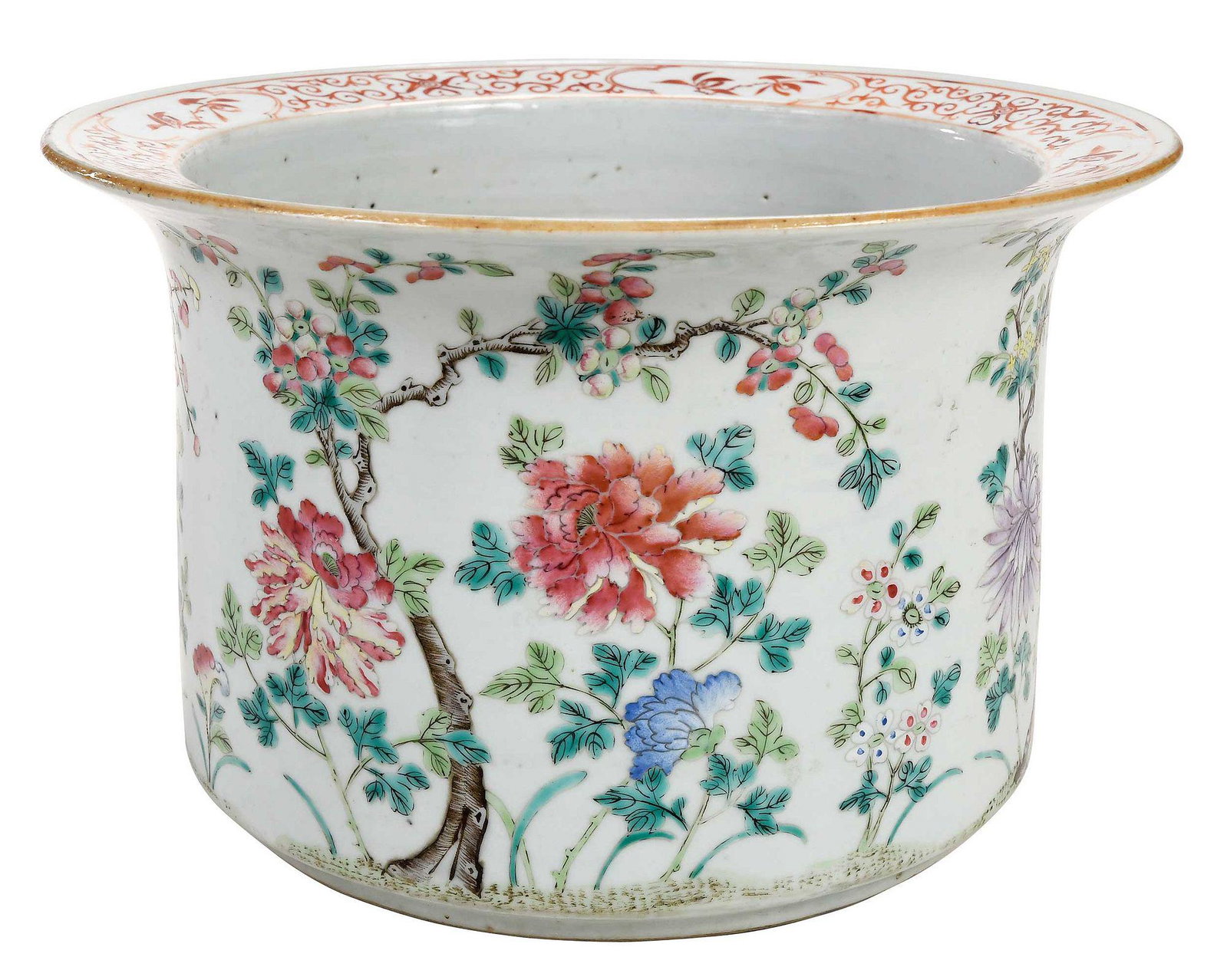 Chinese Porcelain Jardiniere: 19th century, in enamel decoration of branches and florals, 7 x 11-1/4 in. Provenance: Collection of Constance and Lyons Gray