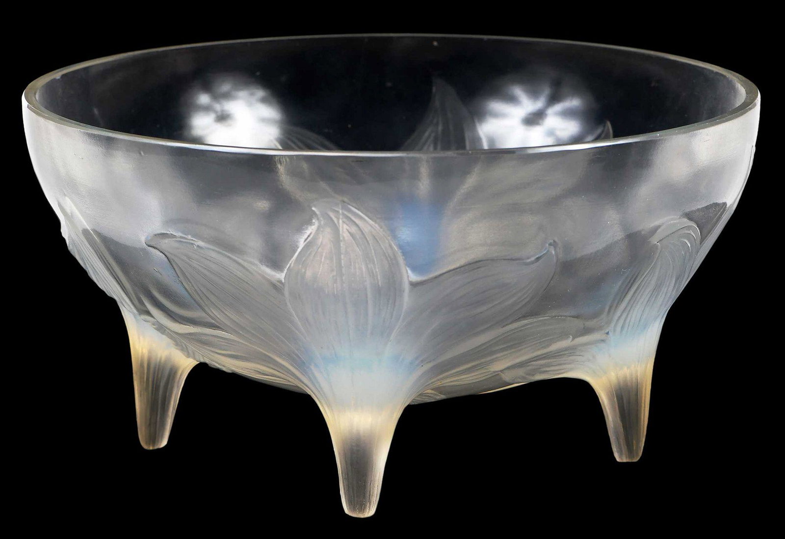 Lalique Footed Opalescent Glass "Lys" Bowl: French, 20th century, with four lily blossom accents that terminate into feet, base signed "R. Lalique France", 4-3/4 x 9-3/8 in. diameter Provenance: Private Florida Collection