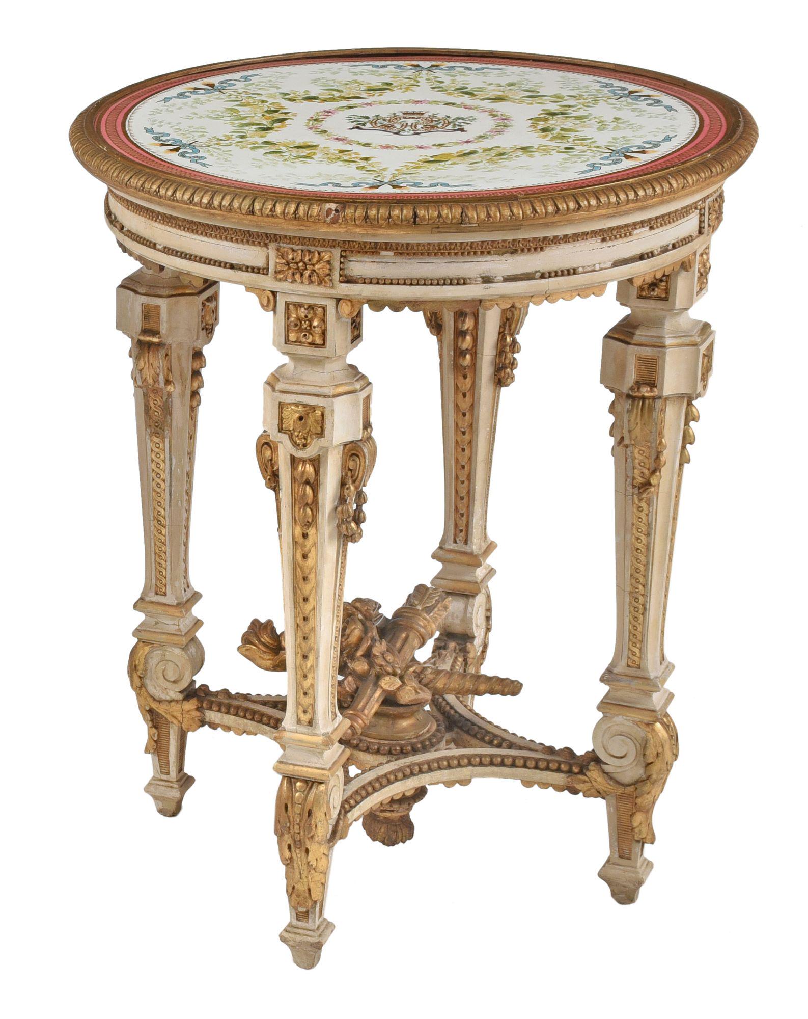 Louis XVI Style Painted, Parcel Gilt and Polychrome Porcelain Mounted Gueridon: probably early 20th century, dished top with raised decoration inscribed with wedding vows and an entwined monogram, foliate border, floral blocked frieze, tapered legs with acanthine and guilloche mo
