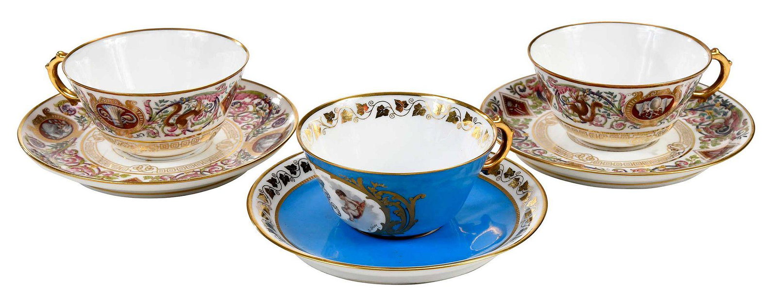 Six French Porcelain Teacups and Saucers: French, 19th/20th century, comprising: pair with intricate enamel and gilt decoration of animals and foliage, bases marked "S.46/Sevres 1846/Chateau de F. Bleau/France", tea cup, 1-7/8 x 4-3/8 in., sa