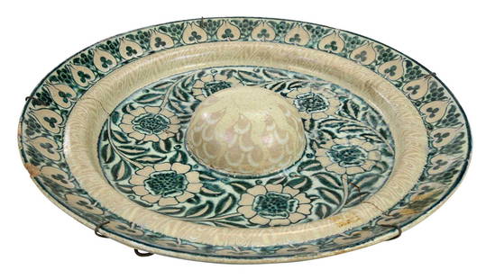 William De Morgan for Morris & Co Hispano-Moresque Style Plate: (English, 1839-1917), in green and luster, floral decoration, with convex center, 2-1/4 x 16-1/4 in. Provenance: Haslam & Whiteway Ltd., London, UK, 21 November 1986 for 425 GBP (accompanied by origin