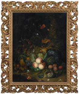 After Rachel Ruysch: (Dutch, 1664-1750) Still Life on a Forest Floor with Peaches, Grapes, a Lizard, Insects, Snails, a Nest, Birds, and Flowers, after a painting in the Galleria Palatina, Palazzo Pitti, Florence, inv. no