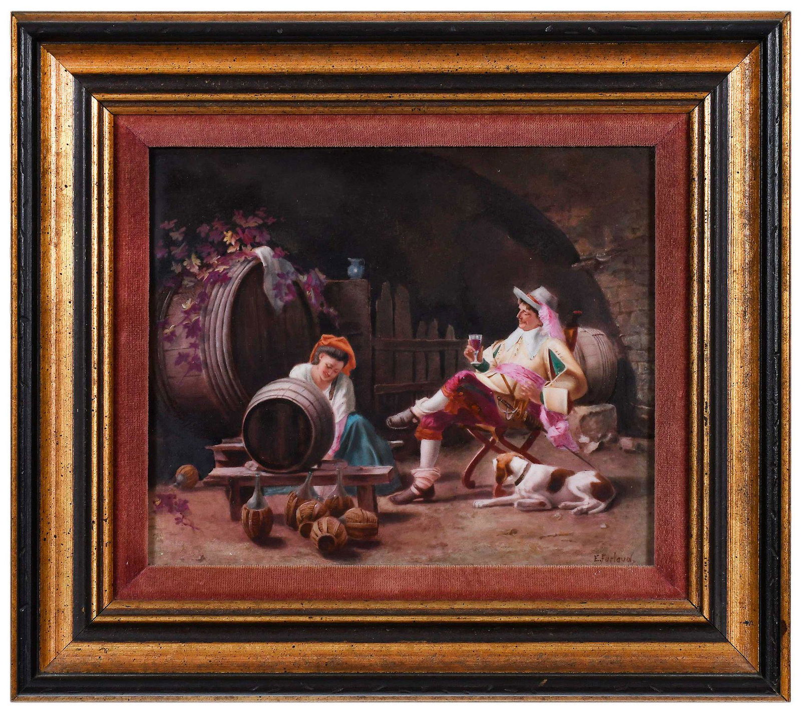 Etienne Furlaud KPM Plaque, Genre Scene: German, 19th century, stamped verso "KPM" with scepter, hand painted scene of a man and a woman in the cellar with wine barrels, signed "E. Furlaud" in bottom right corner, sight, 7-1/4 x 8-3/4 in.; g