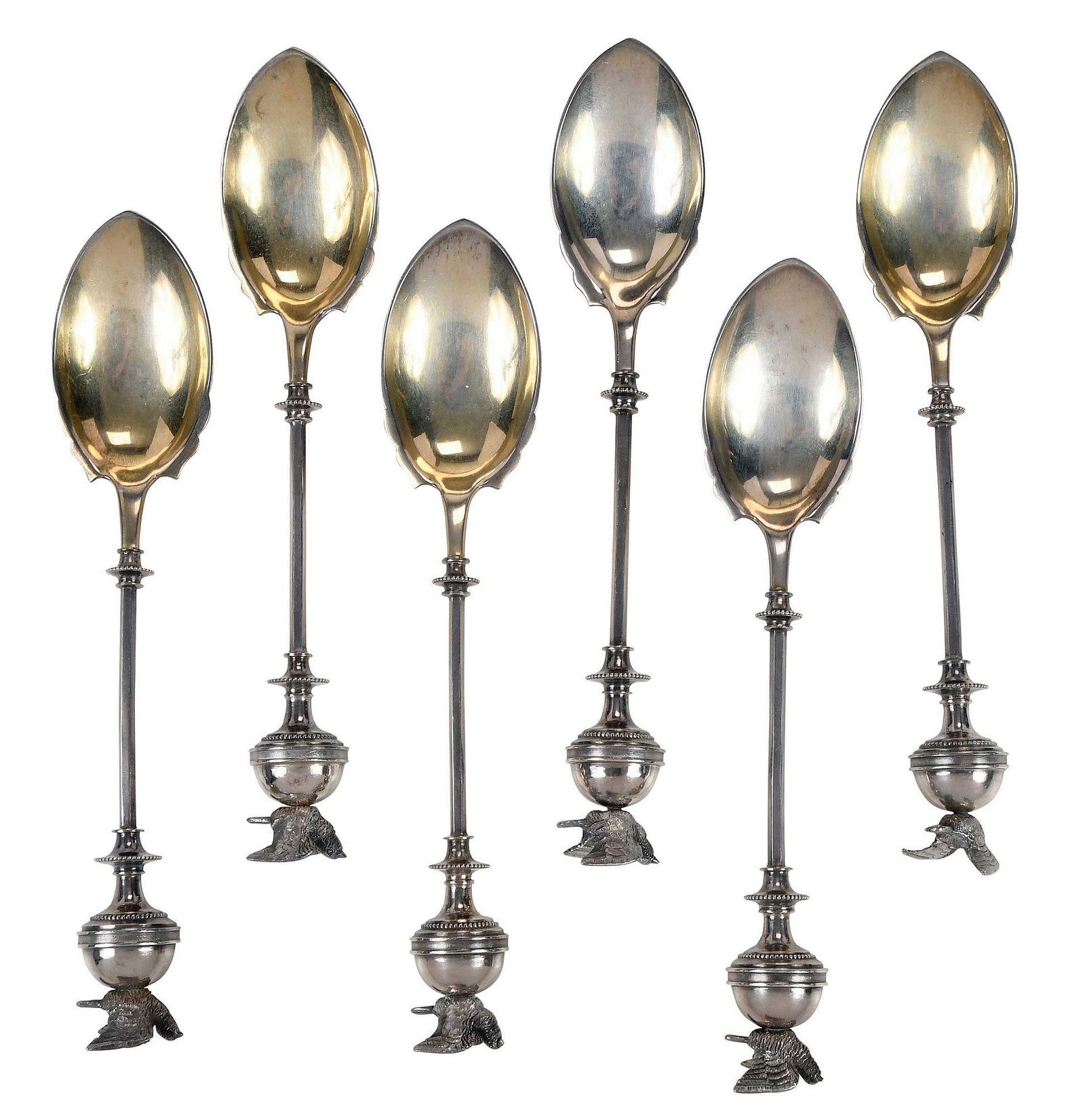 Set of Six Sterling Ice Cream Spoons with Bird Finial: American, late 19th century, handle with bird perched on sphere, gilt bowls, no maker's mark, probably by George Sharp, 6.47 oz. T., 6-3/4 in. Note: See similar example in William Hood's Tiffany Silve