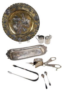 Eight Pieces English Silver Hollowware: 18th/19th century, including plate with later gilt and floral decoration, partial 18th century London marks; candle snuffer, marks for William Bennett, London, 1816, snuffer tray, marks for John Rober