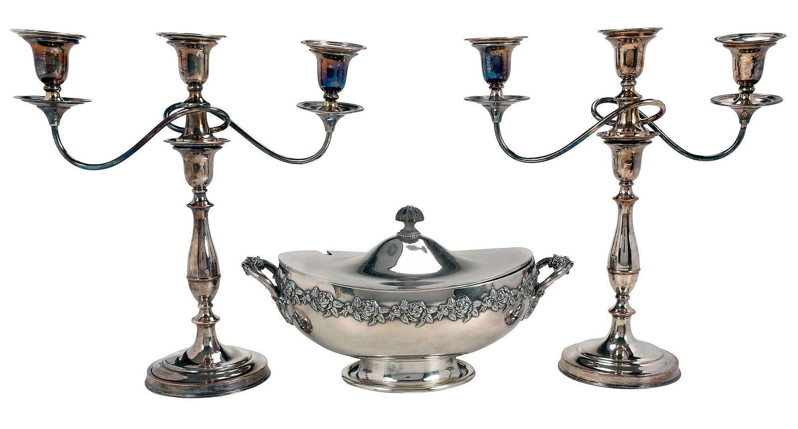 Silver Plate Tureen and Pair Candelabra (1 of 9)