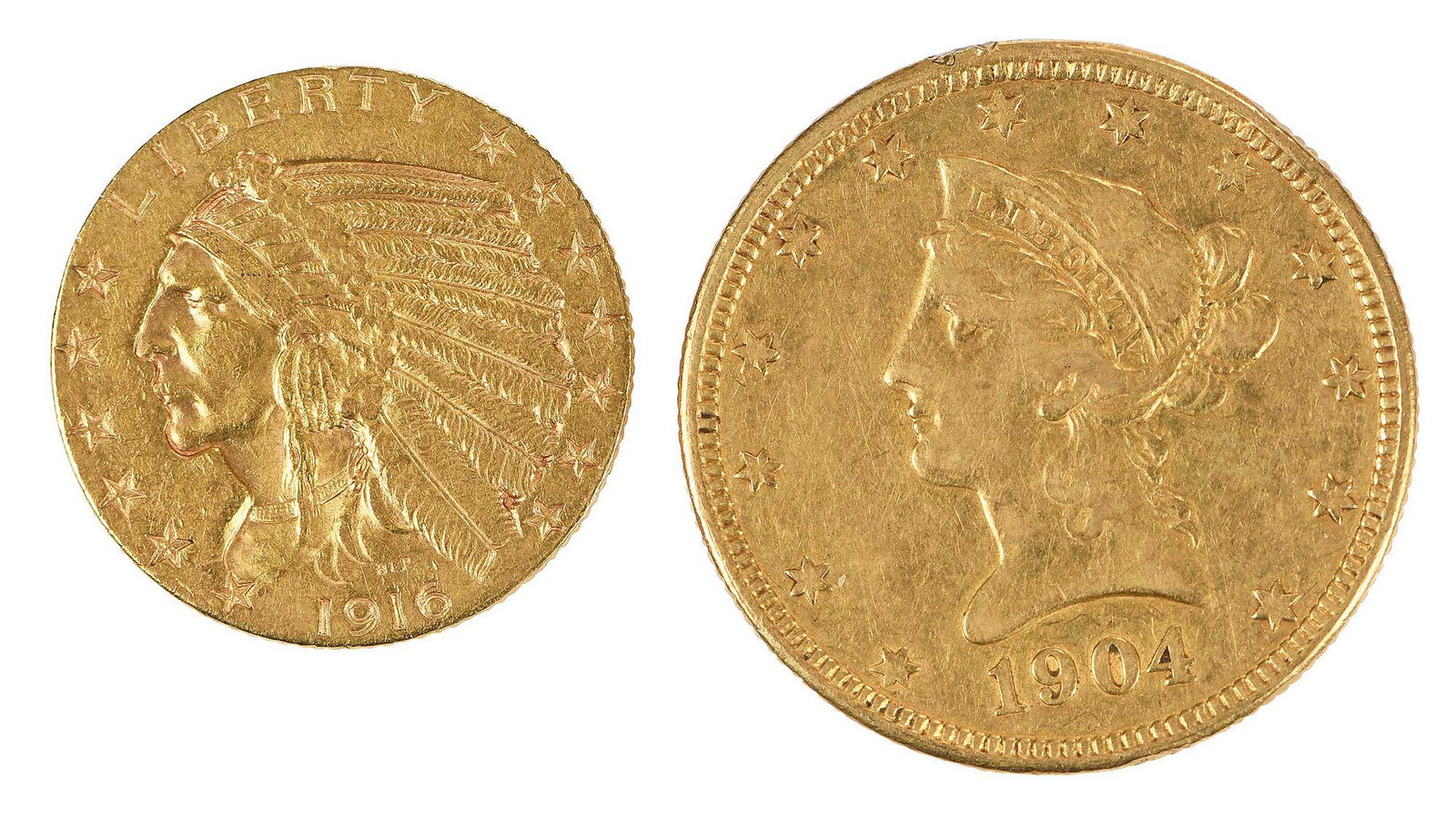 Two Gold Coins, $5 Indian Head and $10 Liberty Head (1 of 3)
