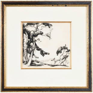 Alfred Hutty: (American/South Carolina, 1877-1954) Hills and Trees, 1932, signed lower right "Alfred Hutty" and snail cypher, dry point on paper, 8 x 8-3/4 in.; modern frame, 16-1/4 x 16-1/2 in. Literature: Sara C.