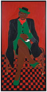 Winfred Rembert: (American/Georgia, 1945-2021) Patsy's Mother (Red and Green), 2008, inscribed bottom center "Winfred Rembert", dye on carved and tooled leather, (54 x 26 in; black metal frame, 55 -1/2 x 27 -1/4 in.)