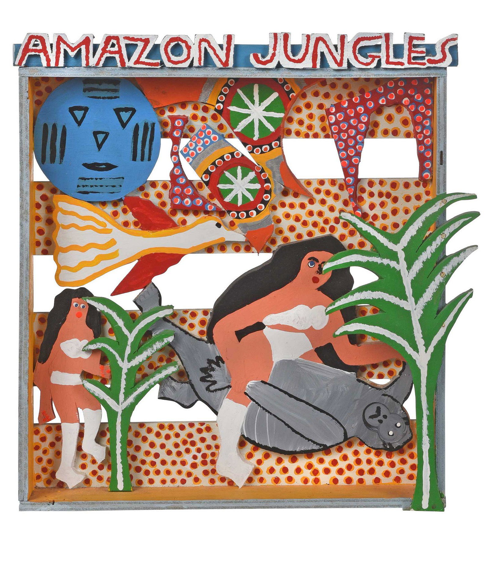 James Harold Jennings: (Pinnacle, North Carolina, 1931-1999) Amazon Jungles, signed and dated verso "Sun Moon Stars/James Harold Jennings/July 16, 1988", cutout and painted wood work, 16-5/8 x 15-1/4 x 5 in. Provenance: Pri