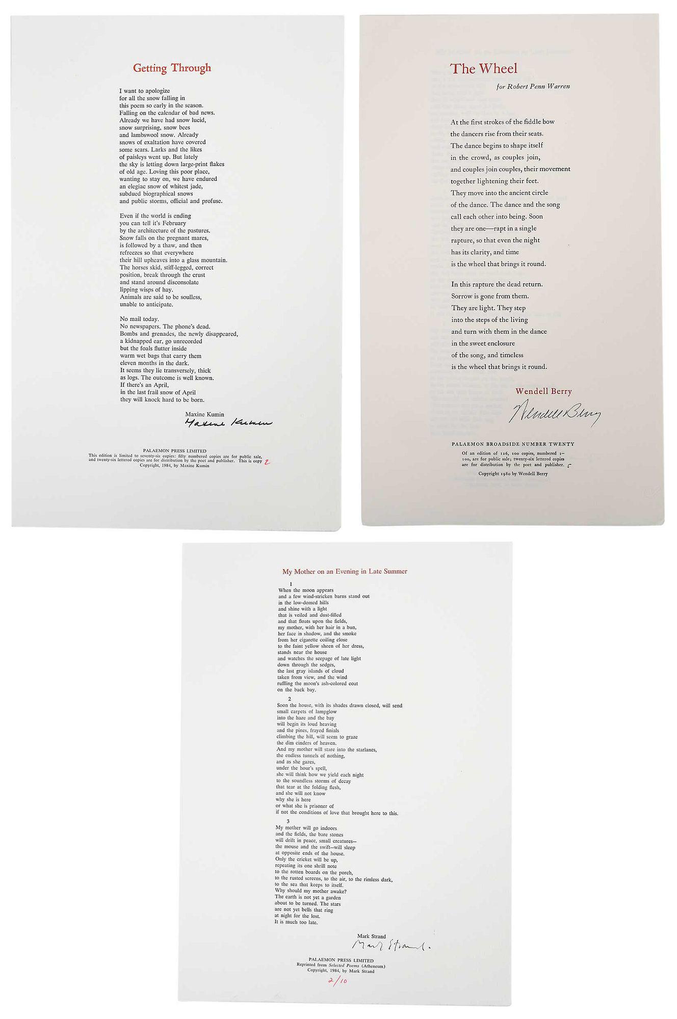 Large Collection of Palaemon Press Poetry Broadsides: Winston-Salem, North Carolina: Palaemon Press, 1977-1984, 69 total, including works by Maxine Kumin, Wendell Barry, Mark Strand, Robert Penn Warren, John Ashbery, W.S. Merwin, Stanley Kunitz, William
