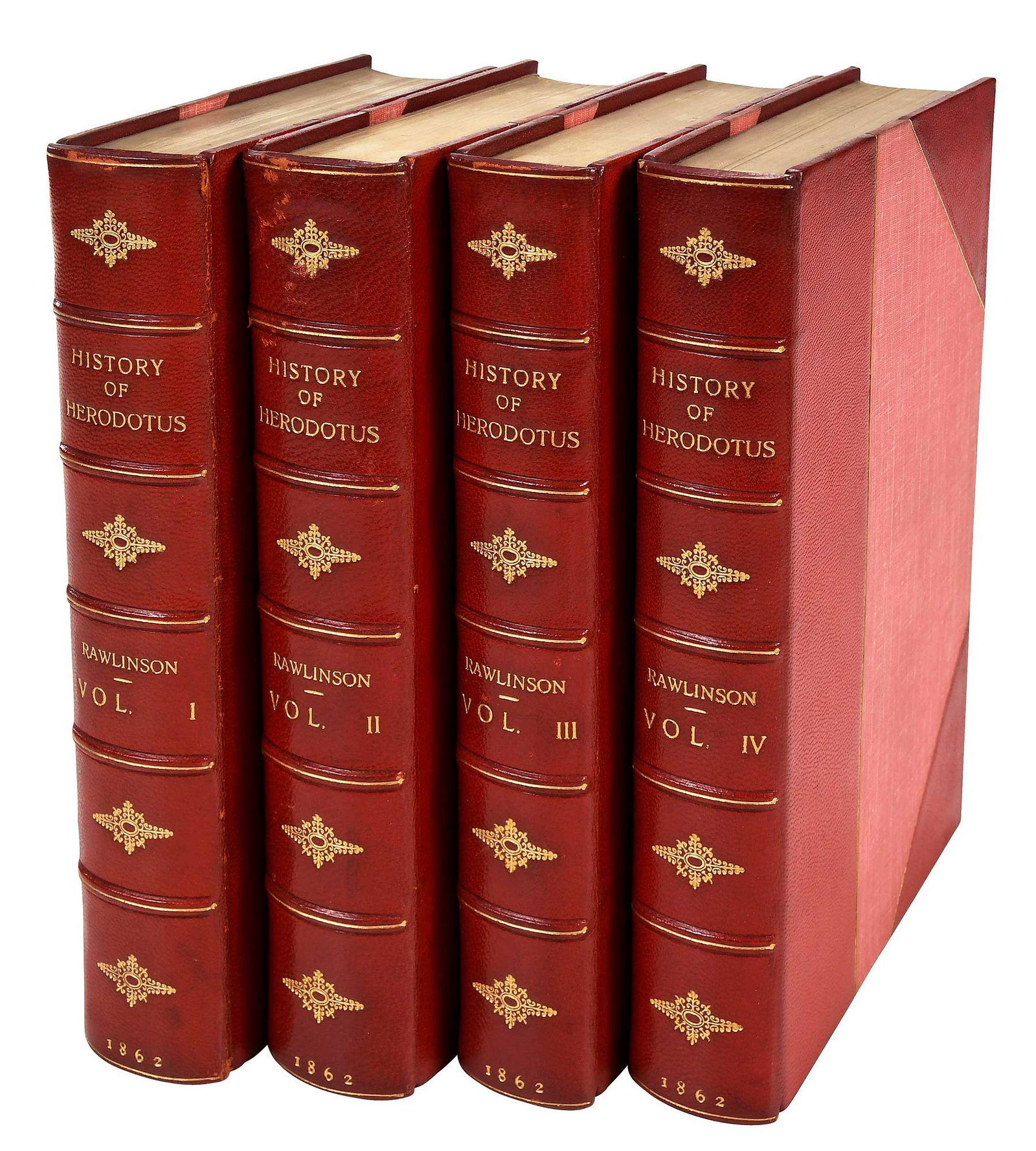Four Volumes, History of Herodotus: by George Rawlinson, London: John Murray, 1862, four volumes (complete), bound in three quarter red leather over cloth boards, gilt lettering and decoration to spines, five raised bands, teg Provenanc