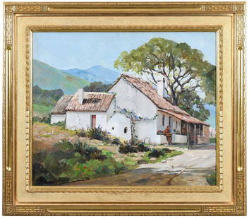 Anthony Thieme: (American, 1888-1954) Cottage in Spain, signed lower right "A. Thieme", oil on canvas, 30 x 36 in.; fine carved gilt wood frame, 41-1/4 x 47 in. Provenance: Dave and Chris Knoke, Marietta, Georgia