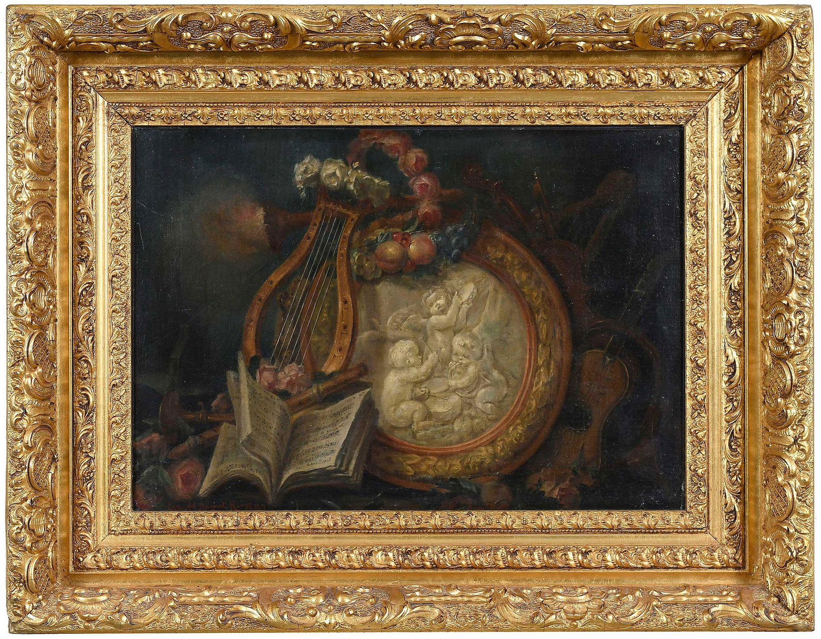 Claude Raguet Hirst: (American, 1855-1942) Still Life with Lyre and Plaque, signed lower left "Claude Raguet Hirst N.Y.", oil on canvas, 14-1/4x 20 in.; fine carved gilt wood and composition frame, 21-3/4 x 27-3/4 in. Pro