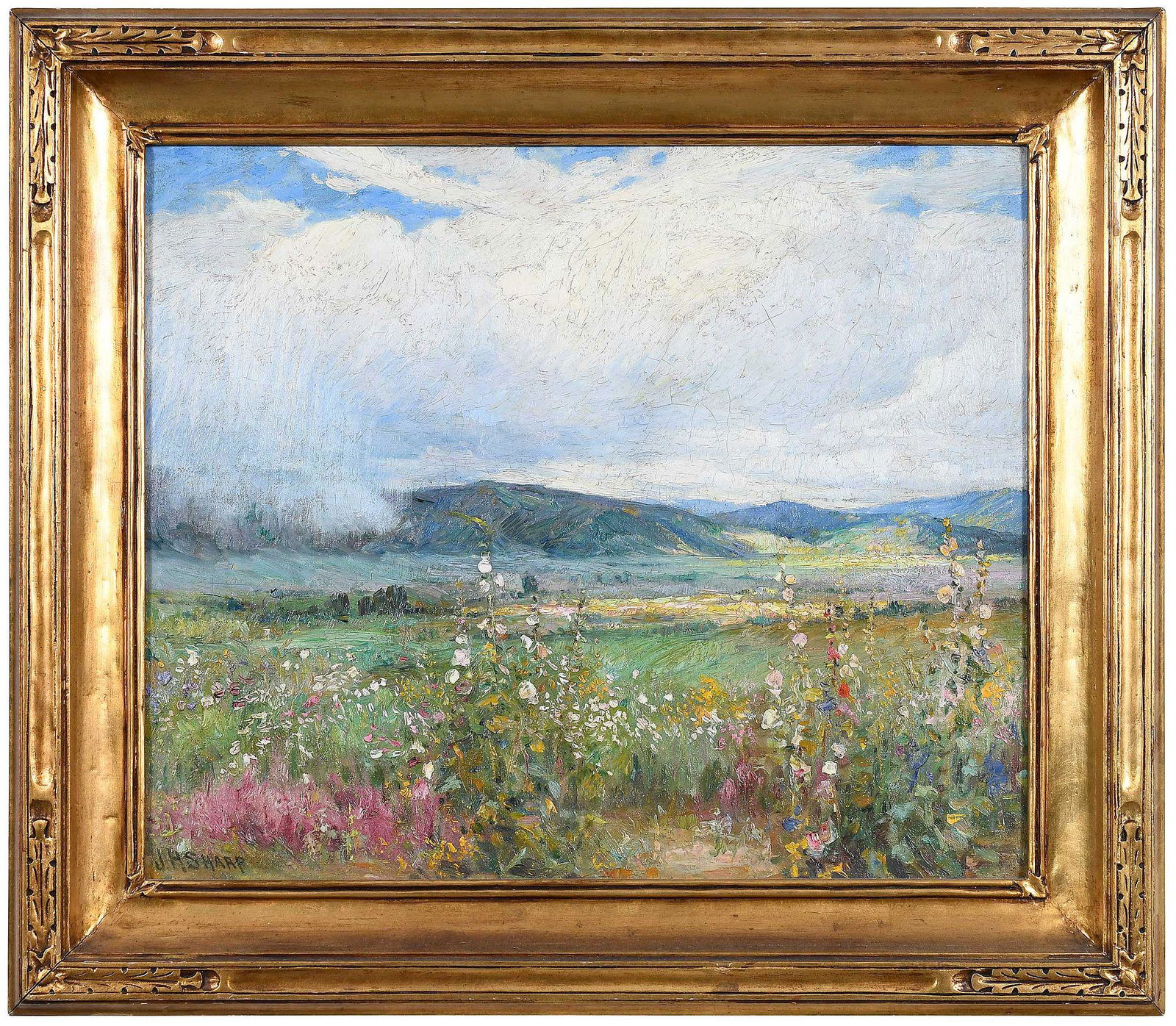 Joseph Henry Sharp: (American, 1859-1953) Cosmos and Hollyhocks, Taos, New Mexico, signed lower left "J.H. Sharp", titled on tacking edge verso (see condition note), oil on canvas, 20 x 24 in.; fine period carved gilt wo