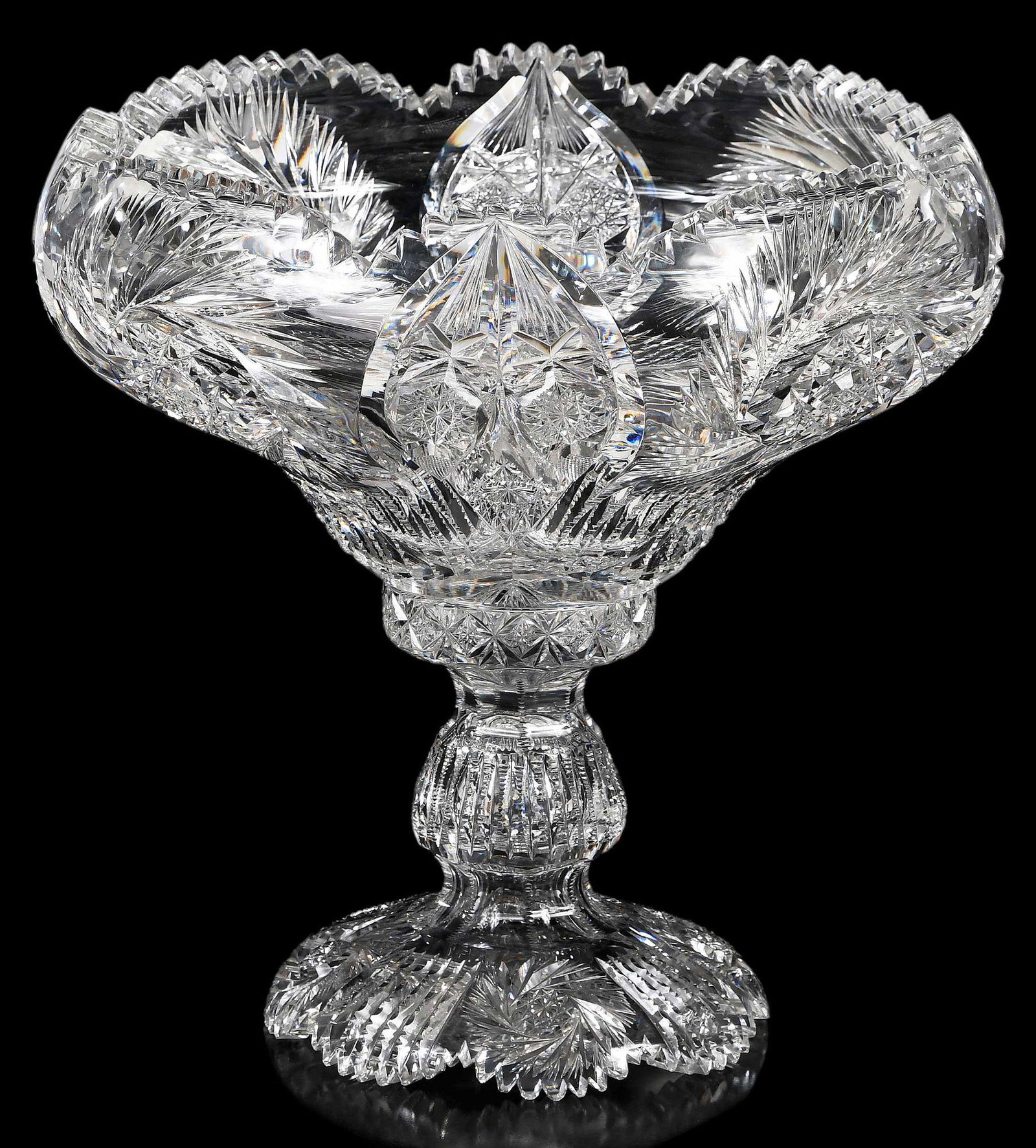 H.C. Fry Brilliant Period Cut Glass Punch Bowl: two part tulip form punch bowl, Trojan pattern, acid etched mark to bowl "Fry", 12 x 12-1/2 in. Provenance: Property from the Thomson House, 5th Avenue, Pittsburgh, Pennsylvania, built by Thomas Chalm