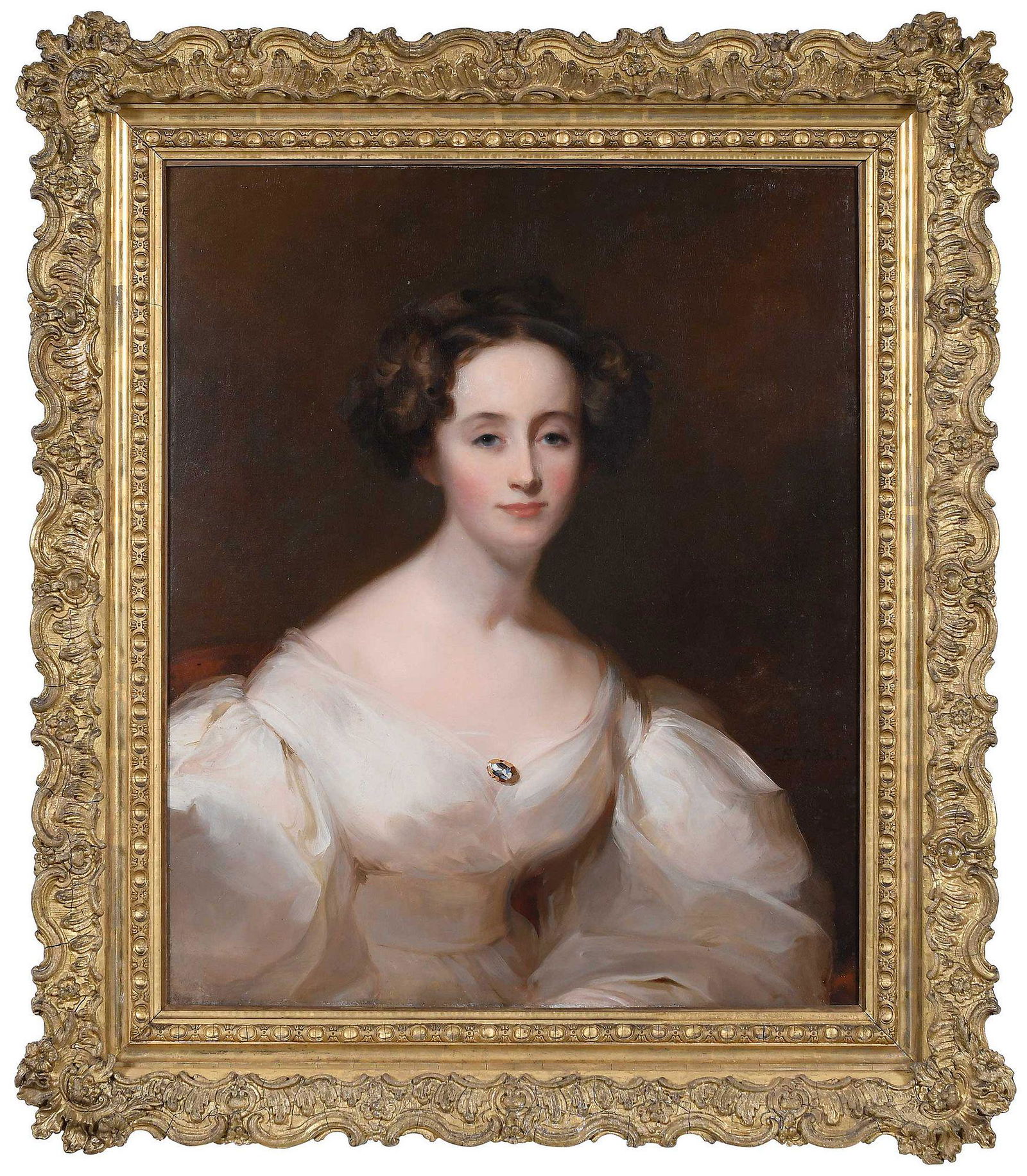 Thomas Sully: (British/Pennsylvania, 1783-1872) Portrait of Ellen Shepherd Brooks (Mrs. Gorham Brooks), 1831, signed with initials "TS 1831" right side center, oil on canvas, 30 x 25 in.; possibly original period g