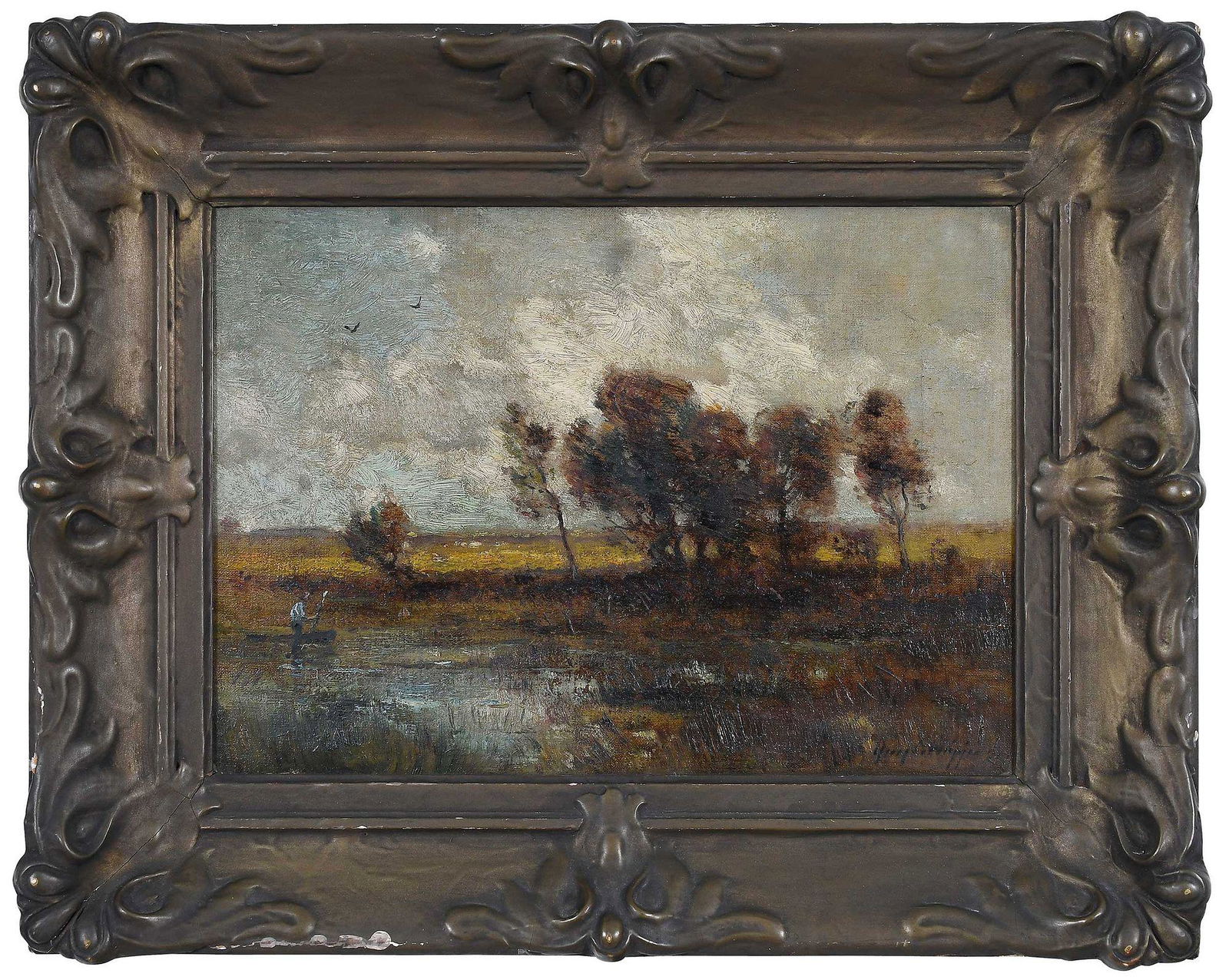 Guy Carleton Wiggins: (American, 1883-1962) Impressionist Landscape, signed lower right "Guy Wiggins", oil on canvas, 10 x 14 in.; fine period carved gilt wood frame, 15-1/2 x 19-1/2 in. Provenance: Property from the Thoms