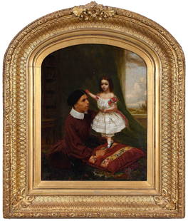 Thomas Waterman Wood: (American, 1823-1903) All Dressed Up, signed and dated lower left "T.W. Wood 1857", Baltimore colourman stamp canvas verso, oil on canvas, 18 x 14 in.; fine period carved gilt wood frame, 27 x 23 in.