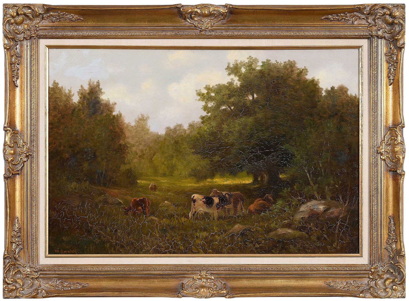 William Ongley: (New York, 1836-1890) Cows in a Rocky Clearing, signed lower left "W. Ongley", oil on canvas, 20 x 30 in.; reproduction gilt wood and composition frame, 27-1/2 x 37-1/2 in. Provenance: Private Collect