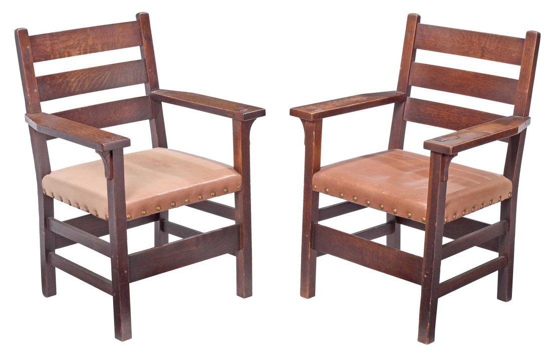 Pair of Gustav Stickley Heavy Ladder Back Oak Armchairs (1 of 6)