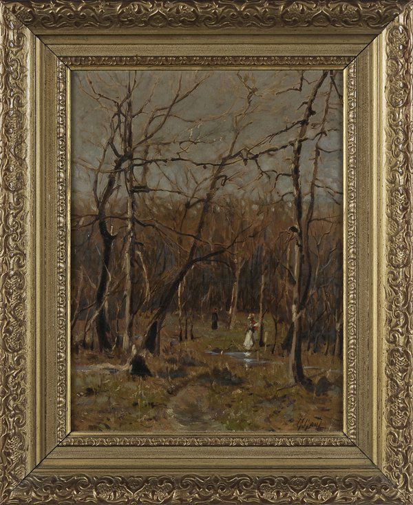 Gilbert Gaul: (New York/Tennessee, 1855-1919) Winter Landscape With Figures by a Stream, circa 1915, signed lower right "G. Gaul", oil on canvas, 16 x 12-1/4 in.; 20th century carved wood frame,