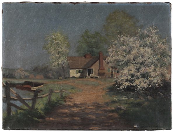 William Merrit Post: (Connecticut/New York, 1856-1935) Spring Landscape With House, signed lower left "W. Merritt Post", oil on canvas, unframed, 12 x 16 in.,