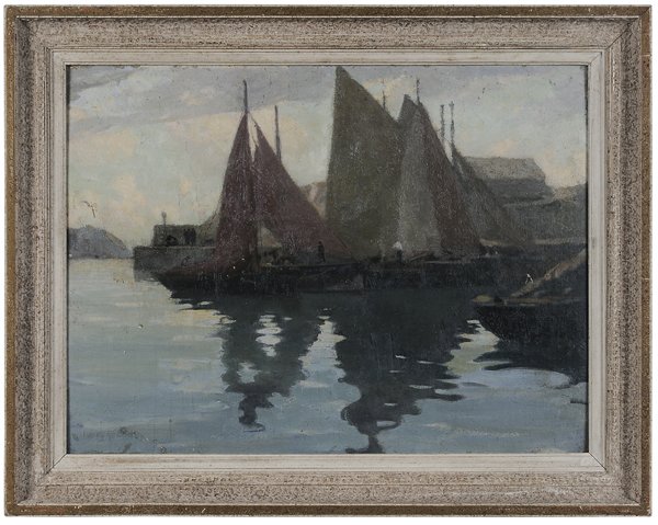 Henry Bayley Snell: (Pennsylvania/New York/England, 1858-1943) Sailboats at Dock, signed faintly lower left "Henry B. Snell", oil on canvas laid on fiberboard, 18-1/4 x 24-1/8 in.; painted wood and composition frame,