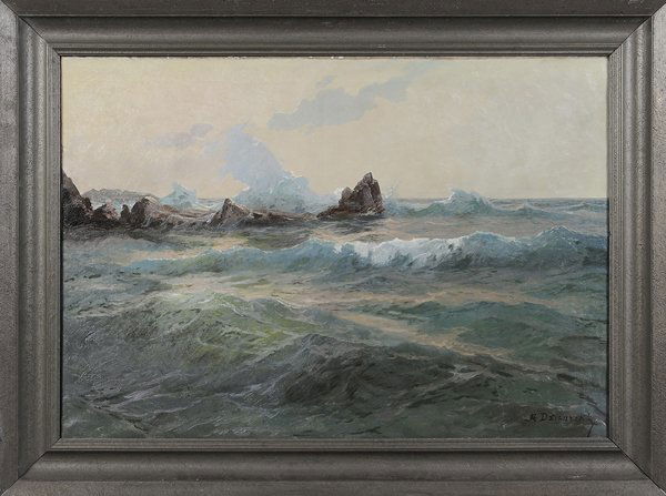 Alexander Dzigurski: (California, 1911-1995) Rocky Coastal Scene, signed lower right "A Dzigurski", signed and titled indistinctly verso, oil on canvas, 27-1/8 x 38-5/8 in.; painted wood frame,