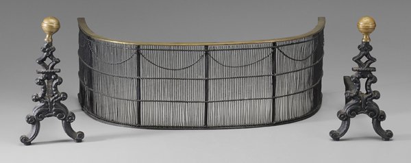 Pair Andirons, Fire Screen: American, first half 19th century, cast iron andirons with brass ball finials, 11 in., [one with repaired break near top, otherwise good condition;] diminutive fire screen shaped as "C" with wirework 