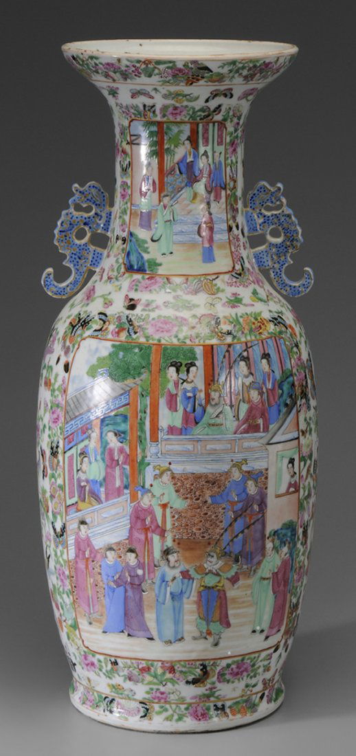 [Famille Rose] Urn: Chinese, 19th century, finely decorated with large reserves, figures in interior settings, complex borders of butterflies, flowers and exotic birds, two animal style handles, 24-1/2 in.,