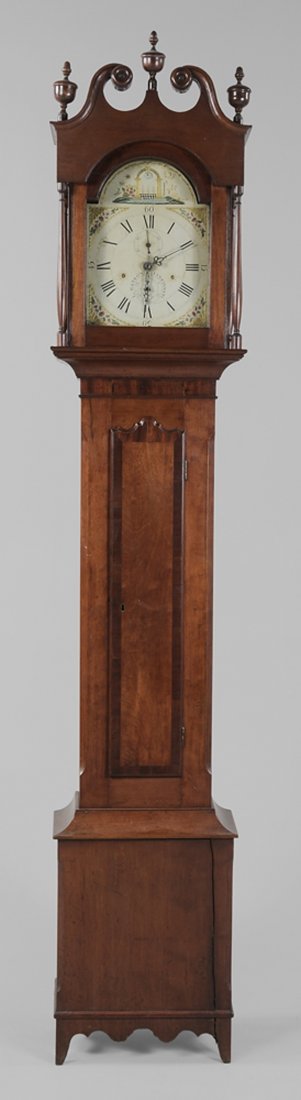 Luman Watson Federal Masonic Tall Case: Clock dial signed "L Watson Cincinnati" (Luman Watson), the case possibly Kentucky, 19th century, painted and parcel gilt wooden dial with Masonic devices, walnut-inlaid cherry case with broken-arch p