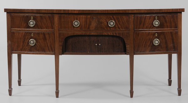 Hepplewhite Inlaid Mahogany Tambour: Sideboard British, 19th century, figured mahogany veneers, banded top, dovetailed drawers with oak linings, cellaret drawer with false double front, 36-1/2 x 72 x 25 in.,