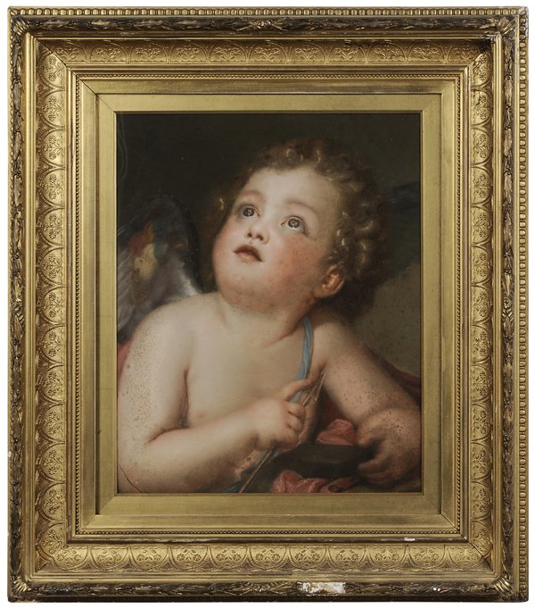 French School: (19th century) Cupid Sharpening His Arrow, unsigned, pastel on paper, 17-3/4 x 14-5/8 in.; 19th century gilt wood and composition cove-molding frame,