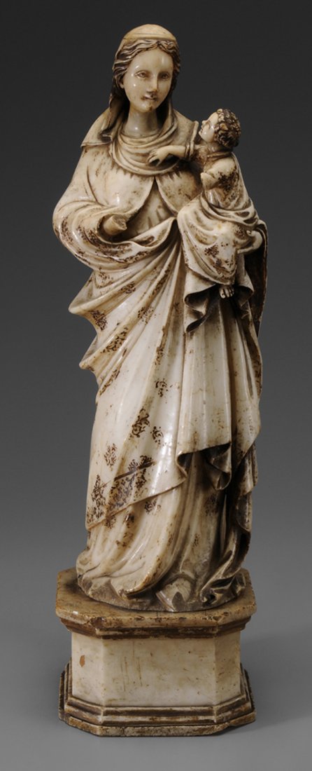 Italian School: (17th century) Madonna and Child, carved and polychromed alabaster on original alabaster plinth, 29-1/2 in.,
