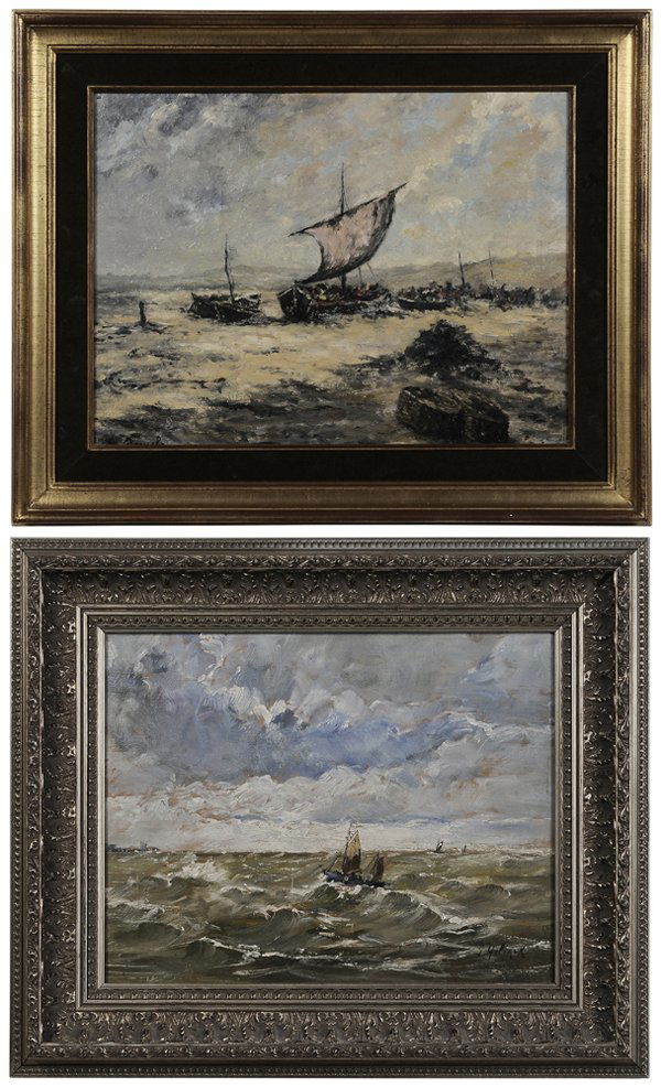 Belgian or Dutch School: (20th century) Two coastal scenes with boats: Boat in Rough Water, signed lower right "G. Helinck" (Gustave Helinck, Belgian, 1884-1954), oil on panel, titled verso [La Panne, 1913,] 12 x 15-3/8 in.,