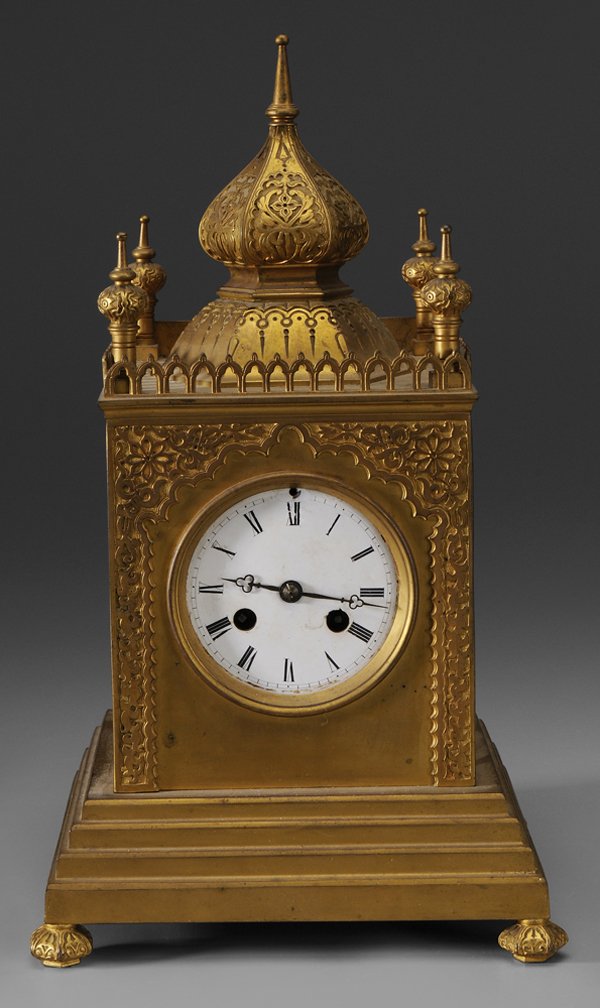 Gilt Bronze Lantern Key-Wind Clock: German, 19th century, Moorish temple form with stepped base, enameled face, brass works marked "F. Bohler Fran…", with pendulum and bell, 13-1/2 in.,