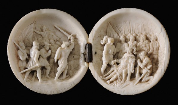 Carved Ivory Orb, Battle of Ravenna: French, 18th century or earlier, exterior with carved lobes and opening to two finely carved dioramas, one marked [Bataille de Ravennes,] other marked at base "11 April 1512", 2-1/8 in. diameter,