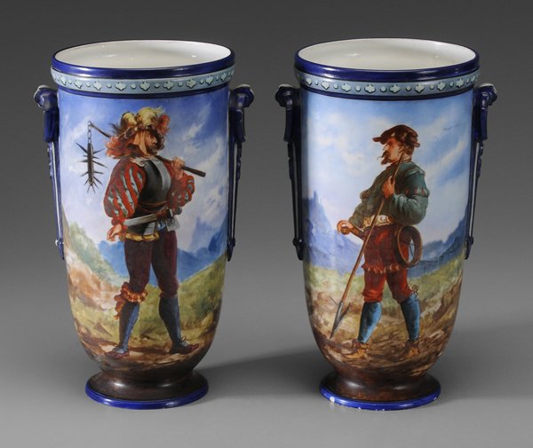 Porcelain Vases: probably Continental, late 19th/early 20th century, each with hand-painted scenes of soldiers in mountain setting and carrying mace, pike and swords, bases with indistinct mark,12-3/4 in.,
