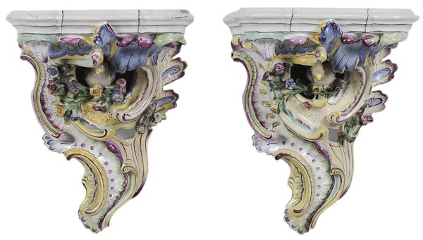 Pair Majolica Wall Brackets: French, late 19th/early 20th century, perched birds in scrolled niches with floral garlands, 12-1/4 in.,