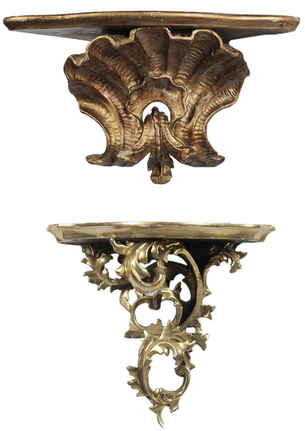 Two Gilt Wood Wall Brackets: one Florentine style, carved wood and gilt with platform shaped as half cartouche, openwork leaf decoration, 20th century, 13-1/2 in., [losses to several leaves;] shell-shaped corner bracket, 19th or 