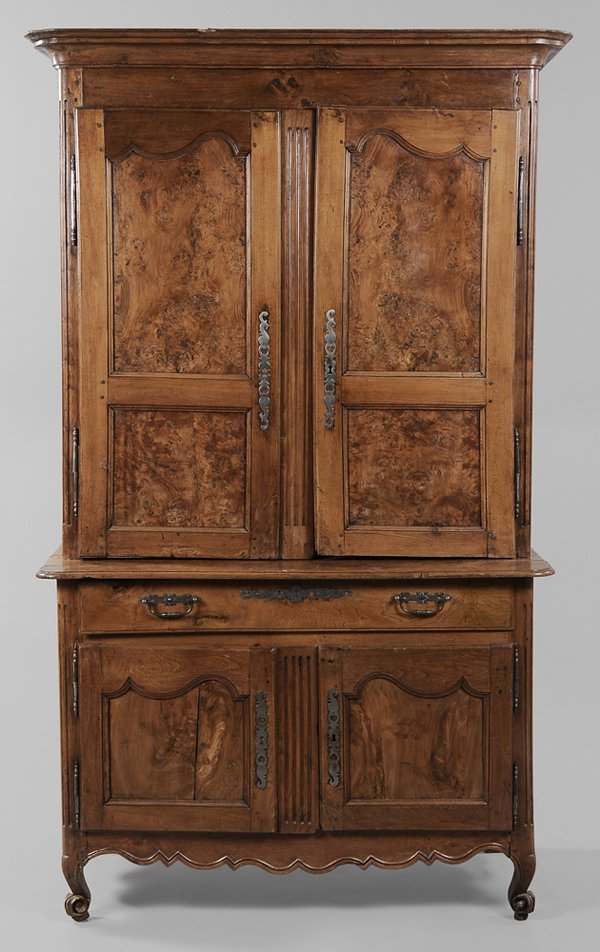 Provincial Louis XV Burlwood Cabinet: French, 18th/19th century, paneled doors with highly figured burlwood veneers, steel escutcheons, drawer pulls and hinges, scrolled feet, removable pediment, 93-1/2 x 57 x 21 in.,