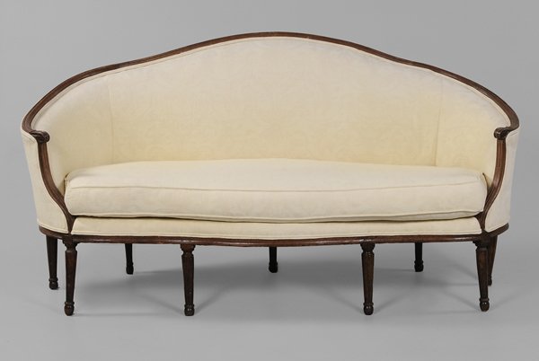 Provincial Louis XVI Style Upholstered: Settee French, 18th/19th century, carved beechwood frame set with fine yellow upholstery, 39-1/2 x 76 x 30 in.,