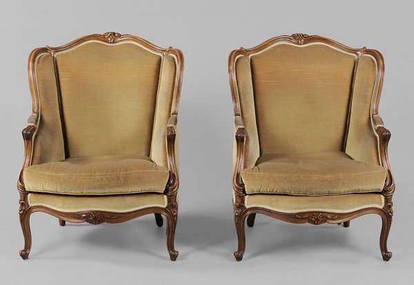 Pair Louis XV Style Upholstered: Fruitwood [Bergère] French, 20th century, carved frames with scrolled feet and mustard velvet upholstery, 37-1/2 x 29 x 25 in.,