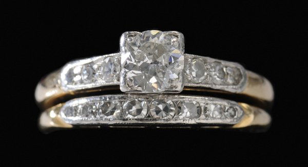 Vintage Diamond Bridal Set: engagement ring with one Old European-cut diamond, .36 cts., color G-I, clarity VS, accented with six single-cut diamonds; matching wedding ring with eight single-cut diamonds, .20 cts., color G-I, cl