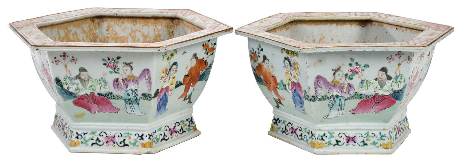 Pair of Chinese Famille Verte Six Sided Porcelain Planters (1 of 15)