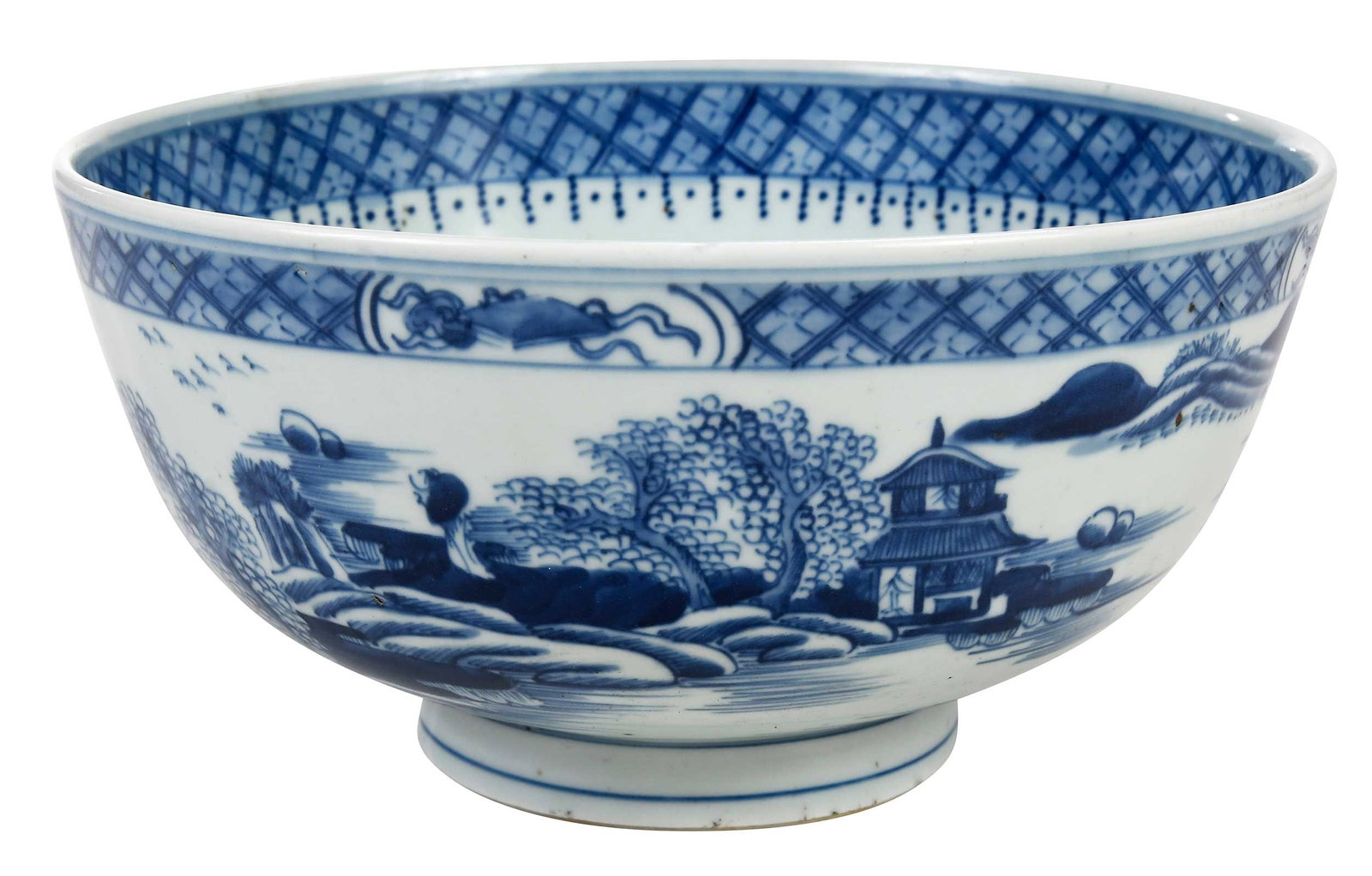 Chinese Blue and White Porcelain Bowl with Seaside Scene: all over underglaze decoration, banding, and center panel, base with six character reign mark within double ring, 4-3/8 x 8-3/4 in. Provenance: Private Collection, Raleigh, North Carolina