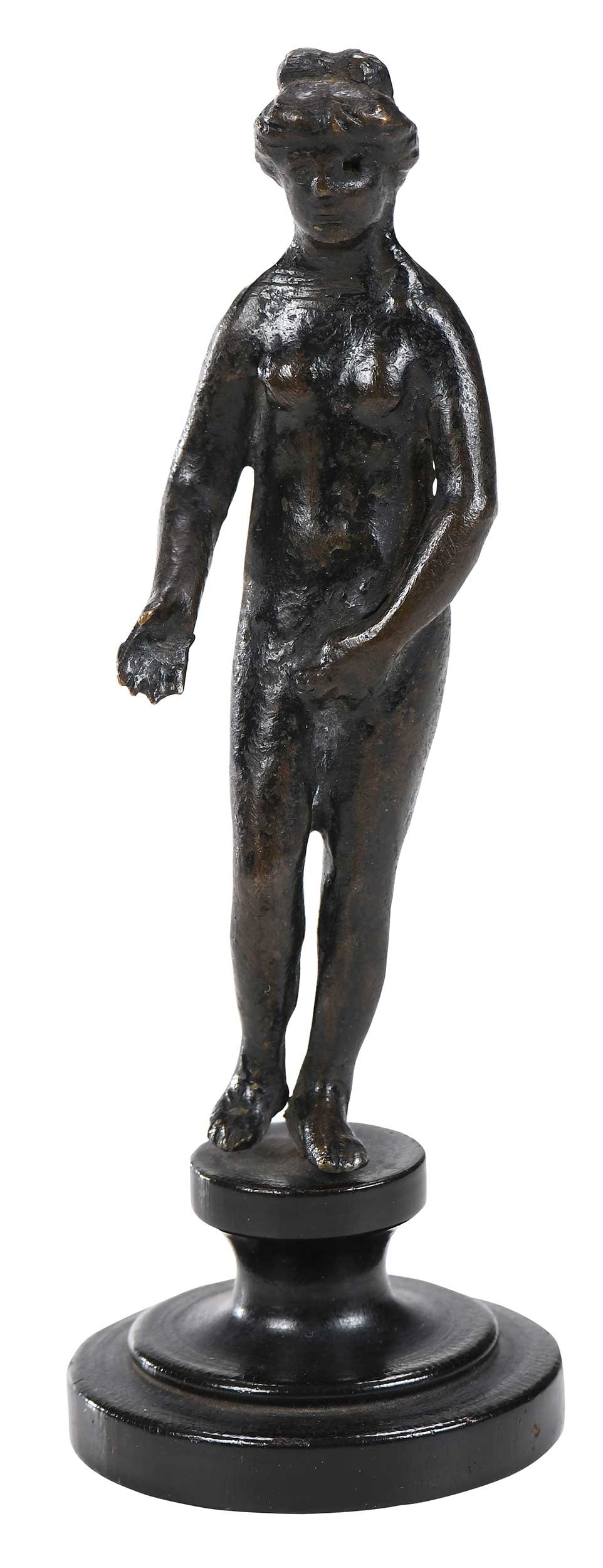 Roman Style Bronze of Venus: depicted in standing pose, attached to tiered and carved wood base, 5-3/4 x 2-1/8 in. Provenance: Collection of Max Loehr, Abby Aldrich Rockefeller Professor of Oriental Art, Harvard University, 1960;